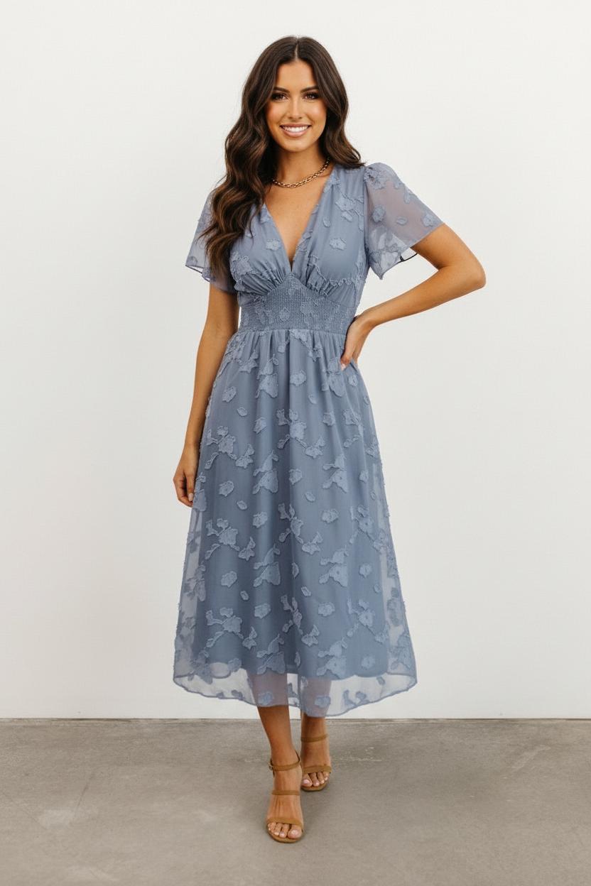 Women's dress blue floral overlay front view