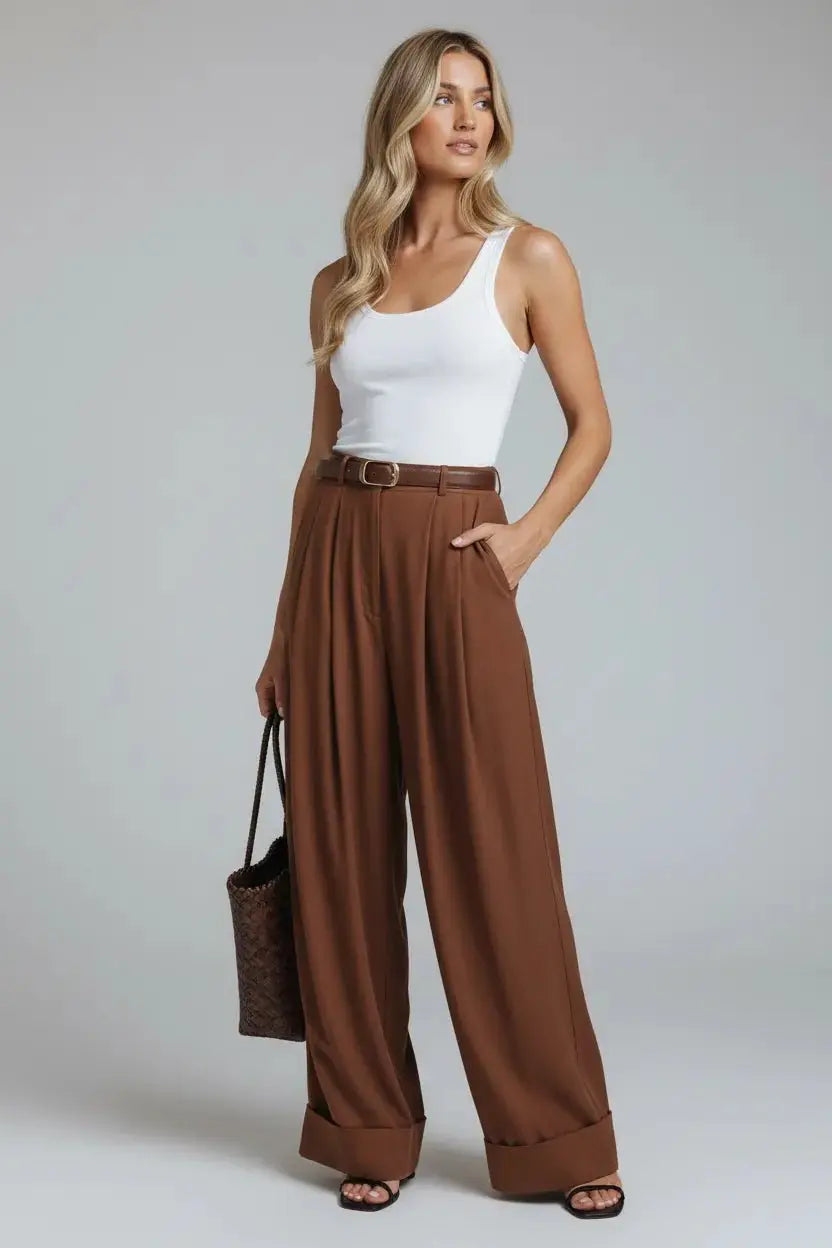 Katoenen Wide Leg Broek Dames | Voorplooien Relaxed