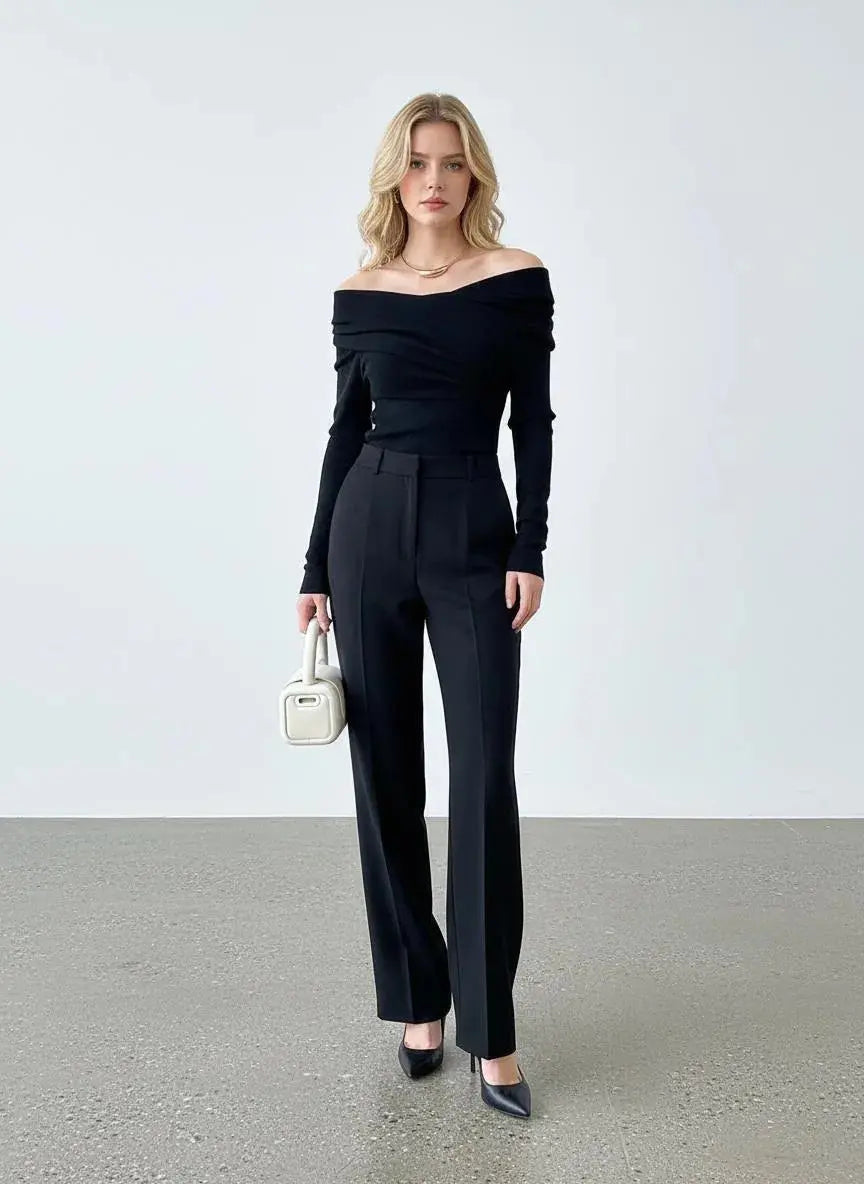 Off-Shoulder Trui Dames Gedrapeerde Halslijn Aansluitend