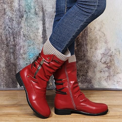 Miss | Laarzen Dames Mid-Calf Vetersluiting Blokhak - Vegan Leer