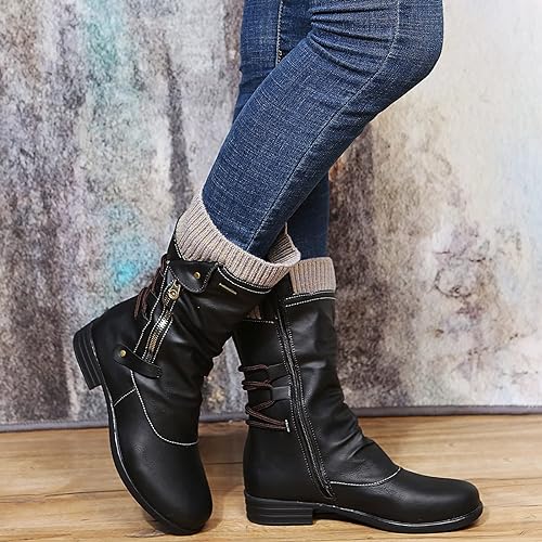 Miss | Laarzen Dames Mid-Calf Vetersluiting Blokhak - Vegan Leer