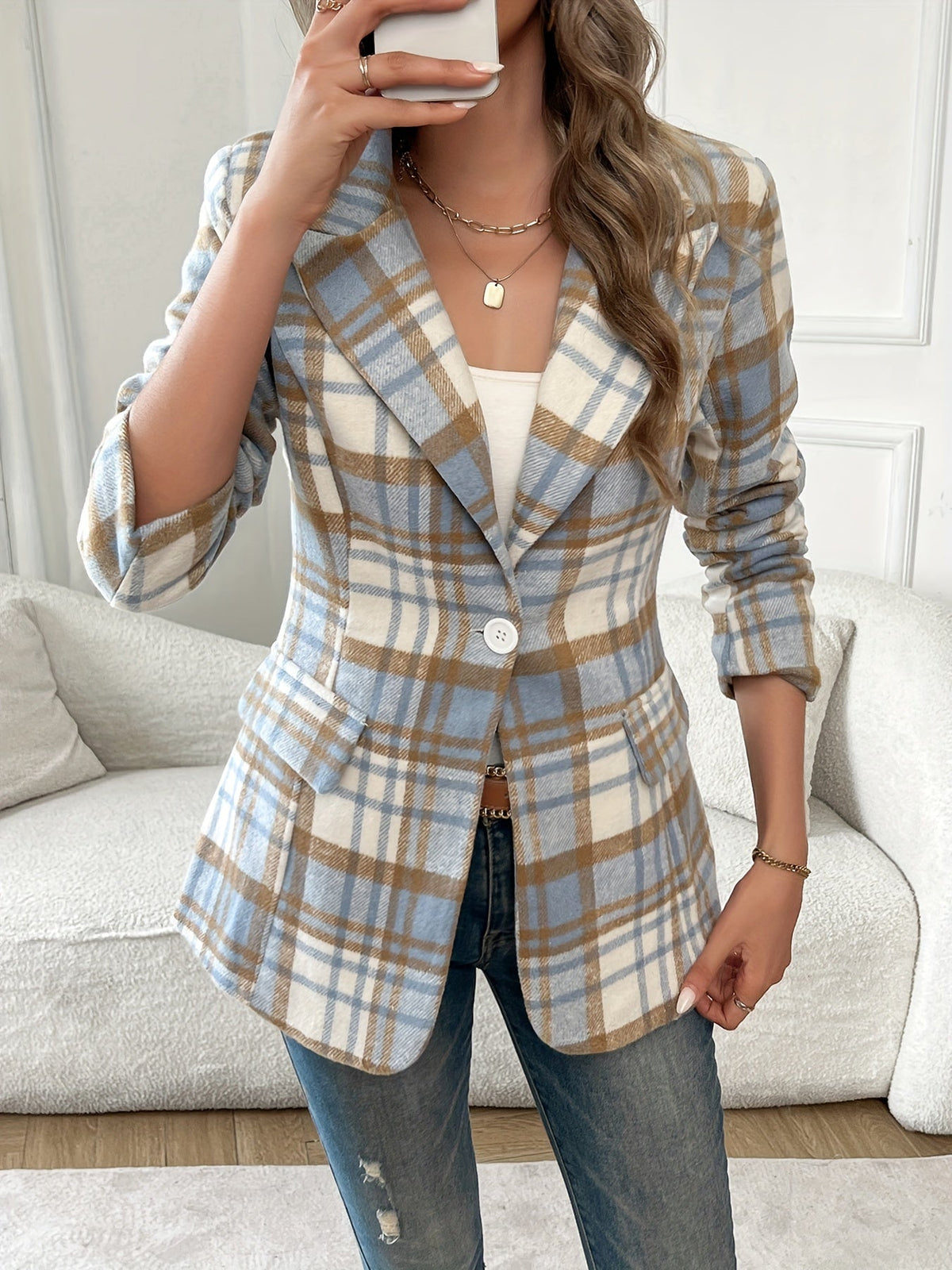 Miss | Blazer Dames Geruite Print Getailleerde Taille Heuplengte