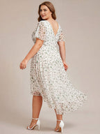 Chic V Neck High-Low Wedding Guest Dress #color_White Green