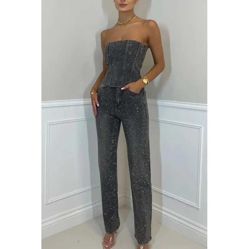 Miss | Tweedelige Set Dames Strapless Diamandlook - Casual