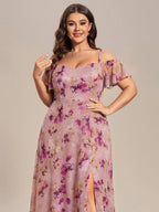 Stylish Cold-Shoulder Floor Length Bridesmaid Dress with Side Slit #color_Light Purple Print