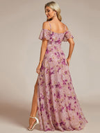Stylish Cold-Shoulder Floor Length Bridesmaid Dress with Side Slit #color_Light Purple Print