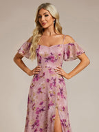 Stylish Cold-Shoulder Floor Length Bridesmaid Dress with Side Slit #color_Light Purple Print