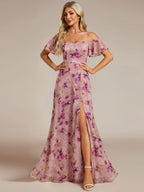 Stylish Cold-Shoulder Floor Length Bridesmaid Dress with Side Slit #color_Light Purple Print