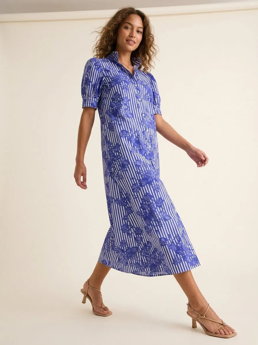 Midi Jurk Blauw-Wit Gestreept - Miss Madera MIS-6FE58C