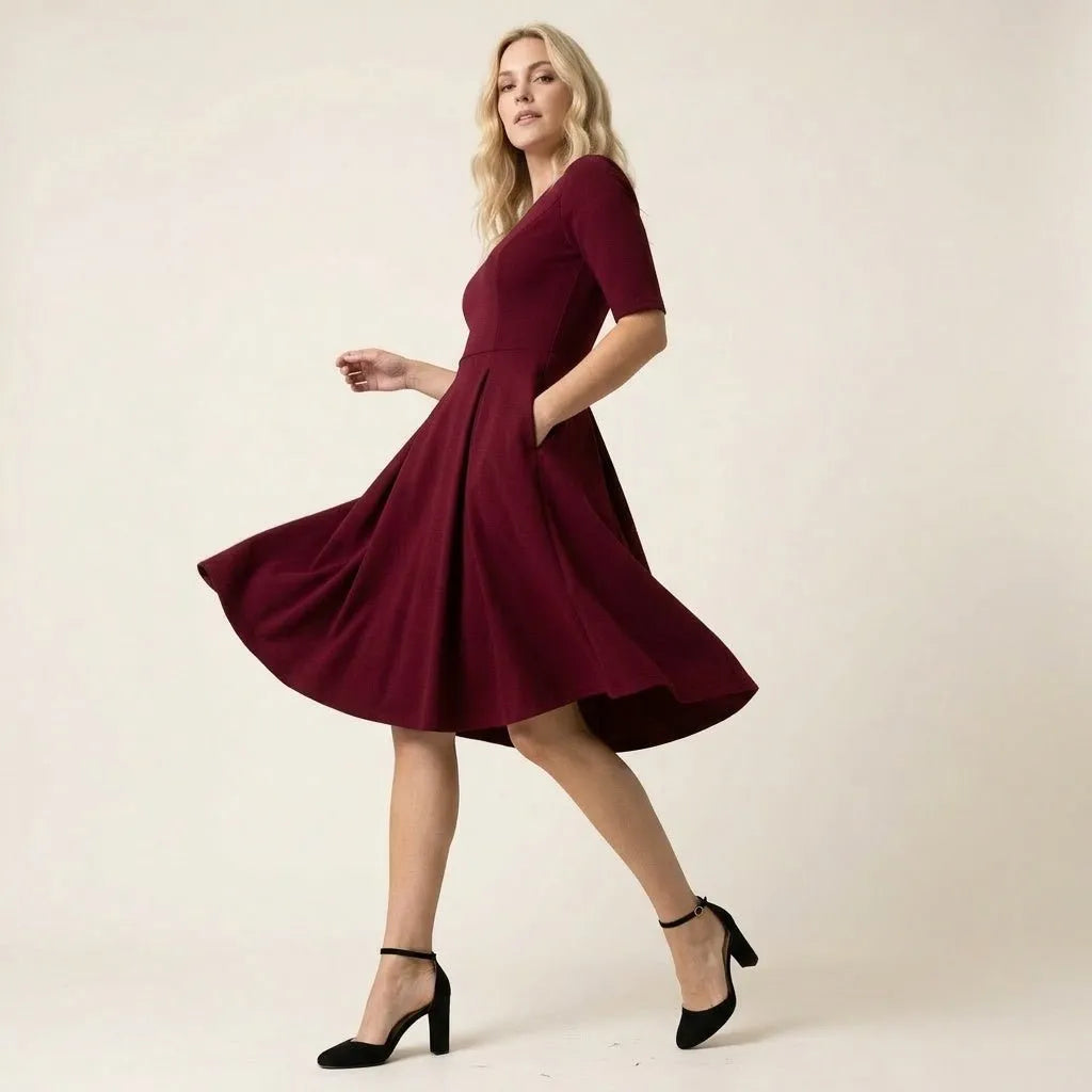 Midi Jurk Dames – Rood | A-lijn met Zijzakken - Miss Madera MIS-24AC9E