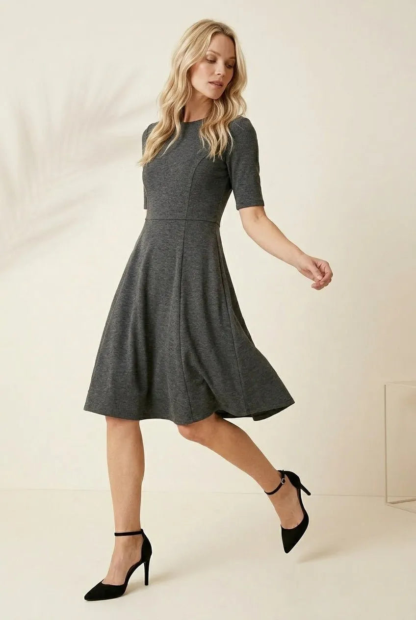 Midi Jurk Dames grijs Getailleerd met Uitlopende Rok - Miss Madera MIS-76ADCA