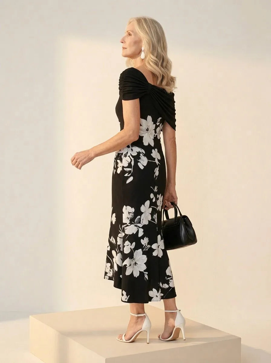 Midi Jurk zwarte-witte bloemenprint - Miss Madera MIS-F718C3