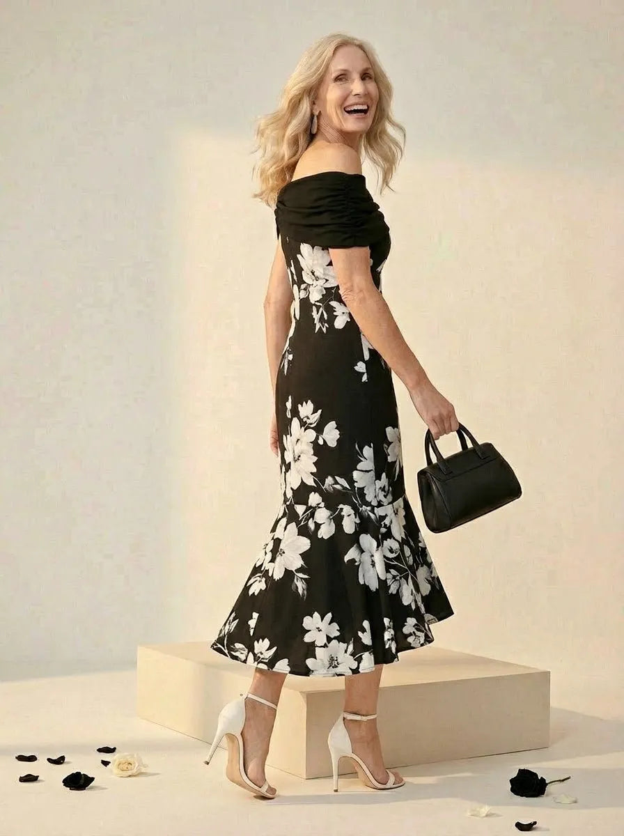 Midi Jurk zwarte-witte bloemenprint - Miss Madera MIS-F718C3