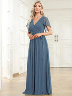 Miss | Avondjurk Dames Maxi A-lijn Elegant - Chiffon - Stofblauw