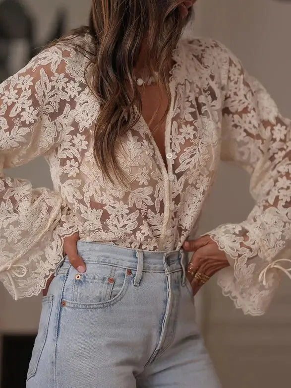 Blouse Dames Elegant Lange Mouw - Kanten