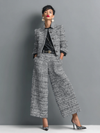 Grijze dames co-ord set van polyester mix met een getailleerd jasje en wijde broek in een stijlvolle casual look.