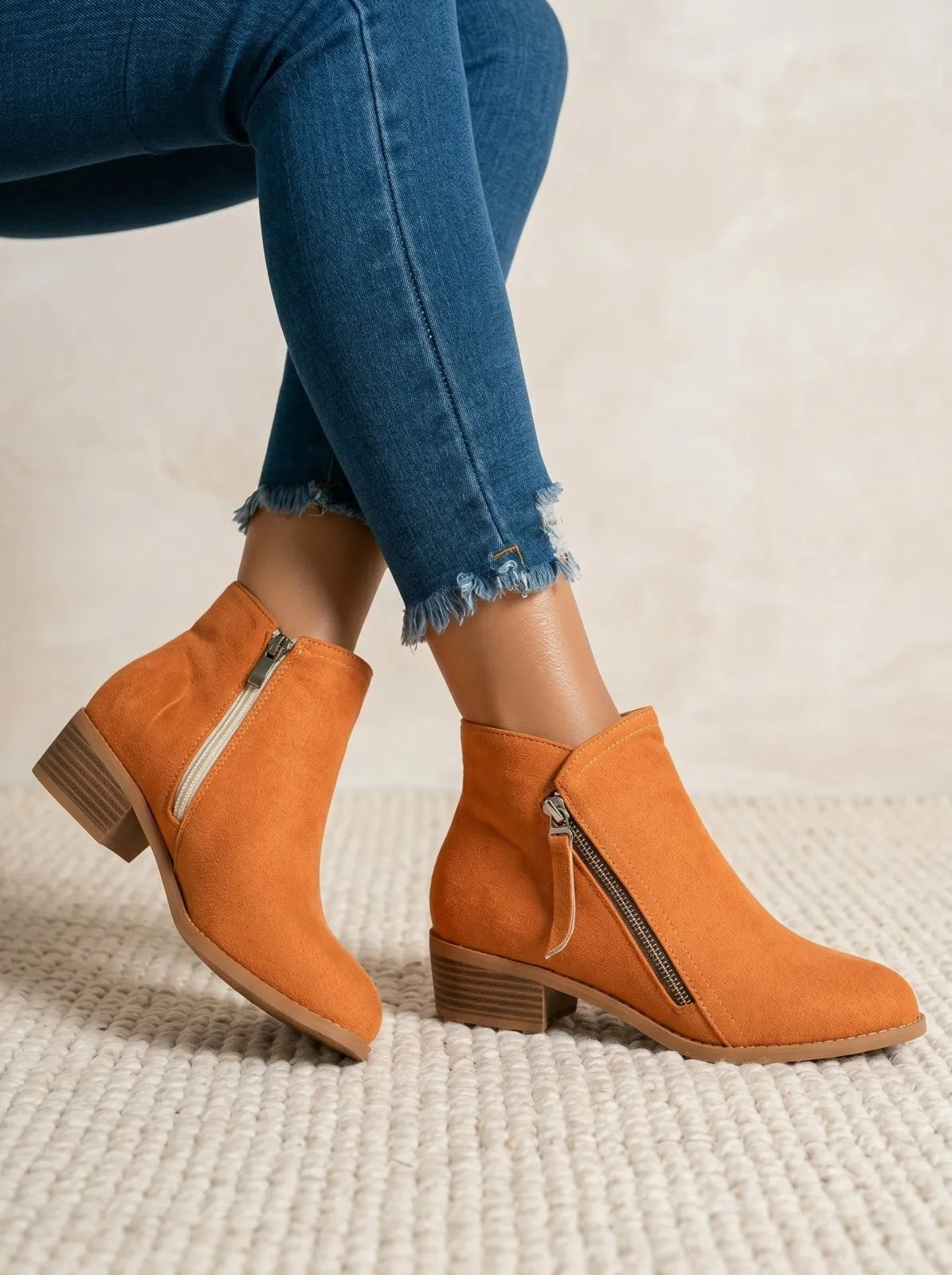 Miss | Enkellaarzen Dames Casual Blokhak Zijrits - Suède - Oranje