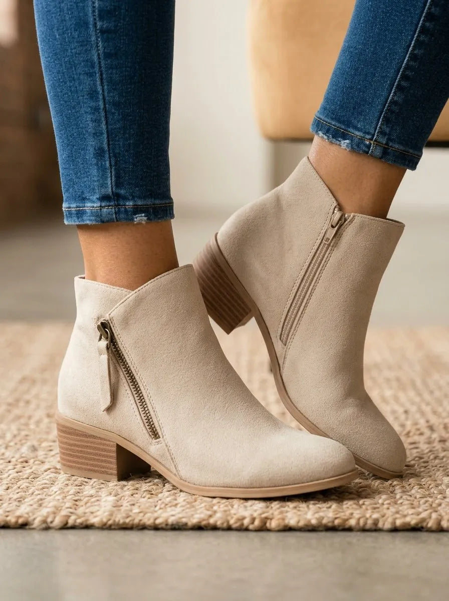 Miss | Enkellaarzen Dames Casual Blokhak Zijrits - Suède - Beige