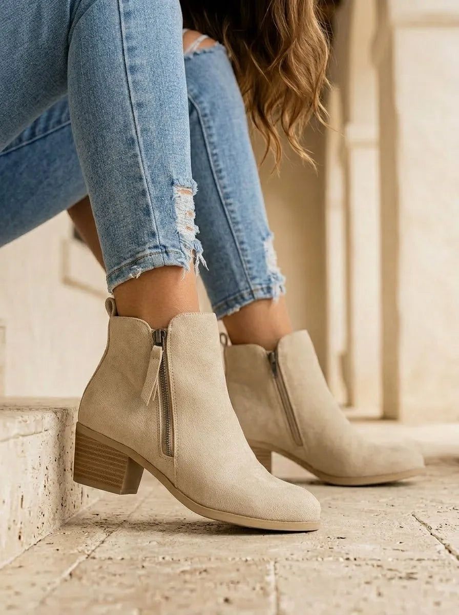Miss | Enkellaarzen Dames Casual Blokhak Zijrits - Suède - Beige