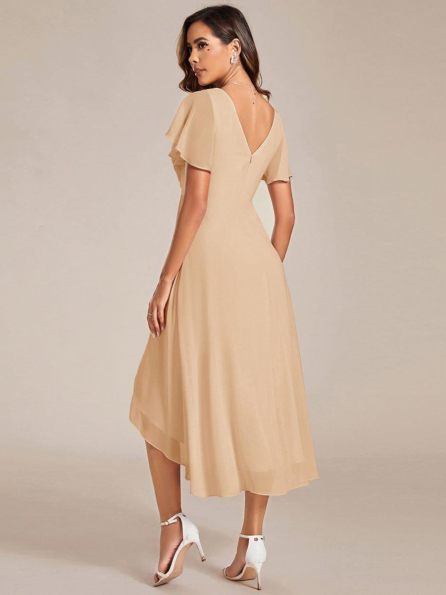 Chic V Neck High-Low Wedding Guest Dress #color_Champagne