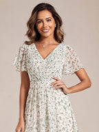 Chic V Neck High-Low Wedding Guest Dress #color_White Green