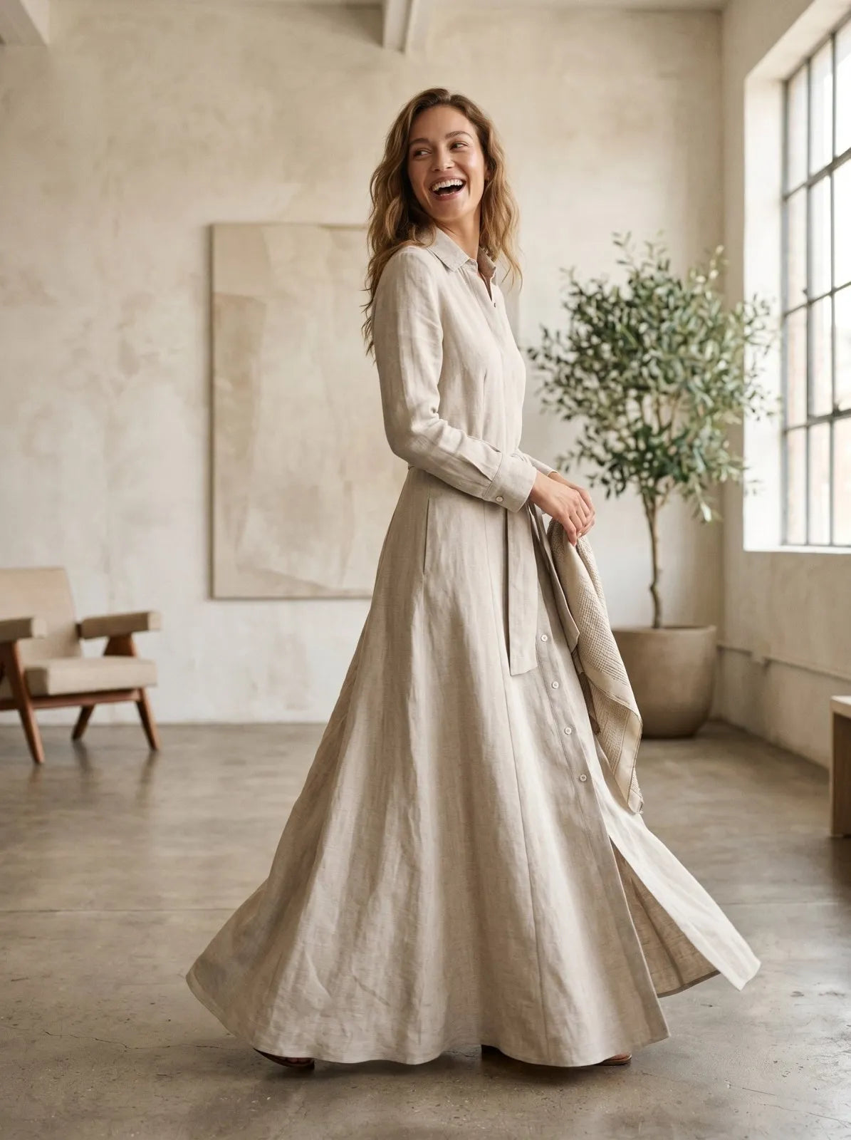 Miss | Jurk Dames Maxi Boho Split - Linnen - Miss Madera MM-IWUJKU