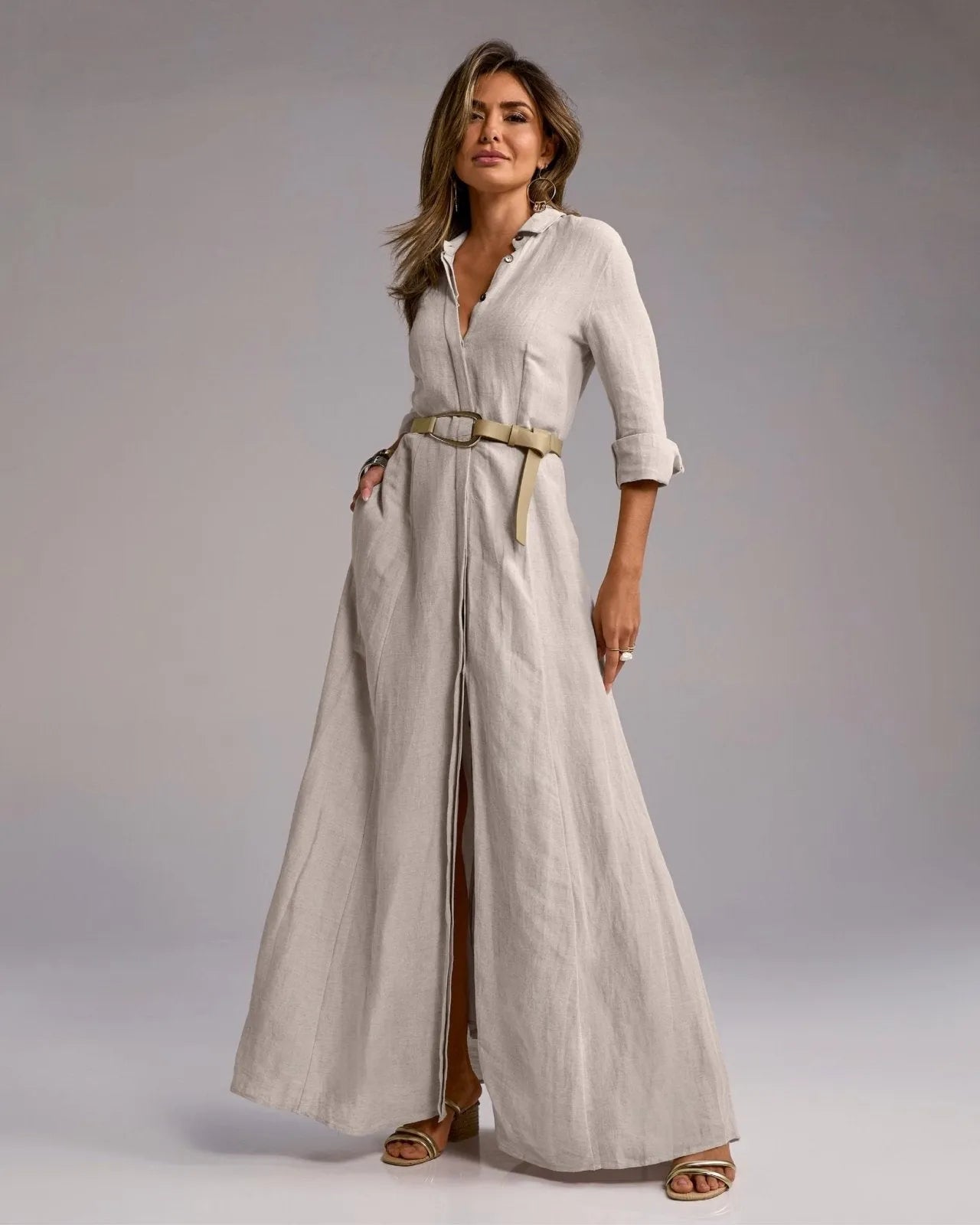Miss | Jurk Dames Maxi Boho Split - Linnen - Miss Madera MM-IWUJKU