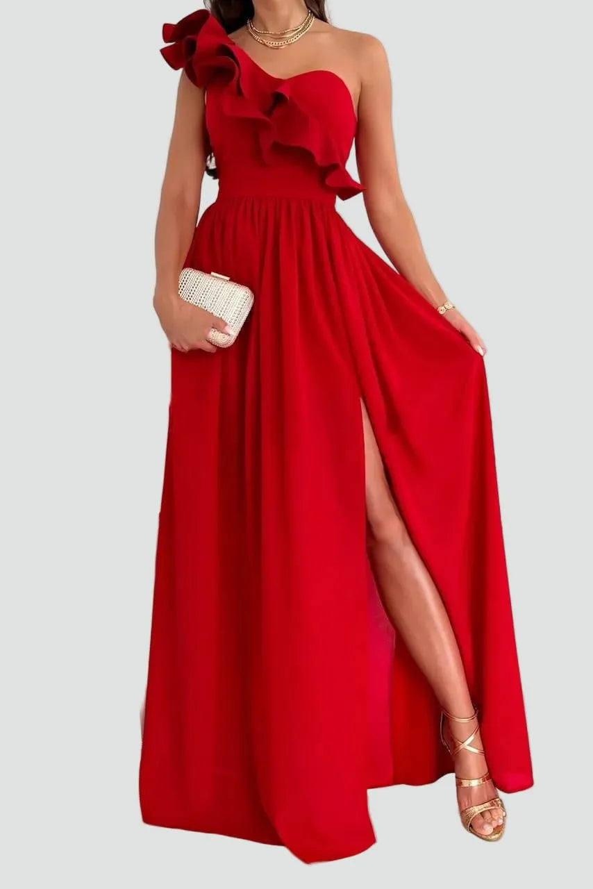 Miss | Jurk Dames Maxi Elegant Ruche Split - Polyester - Rood