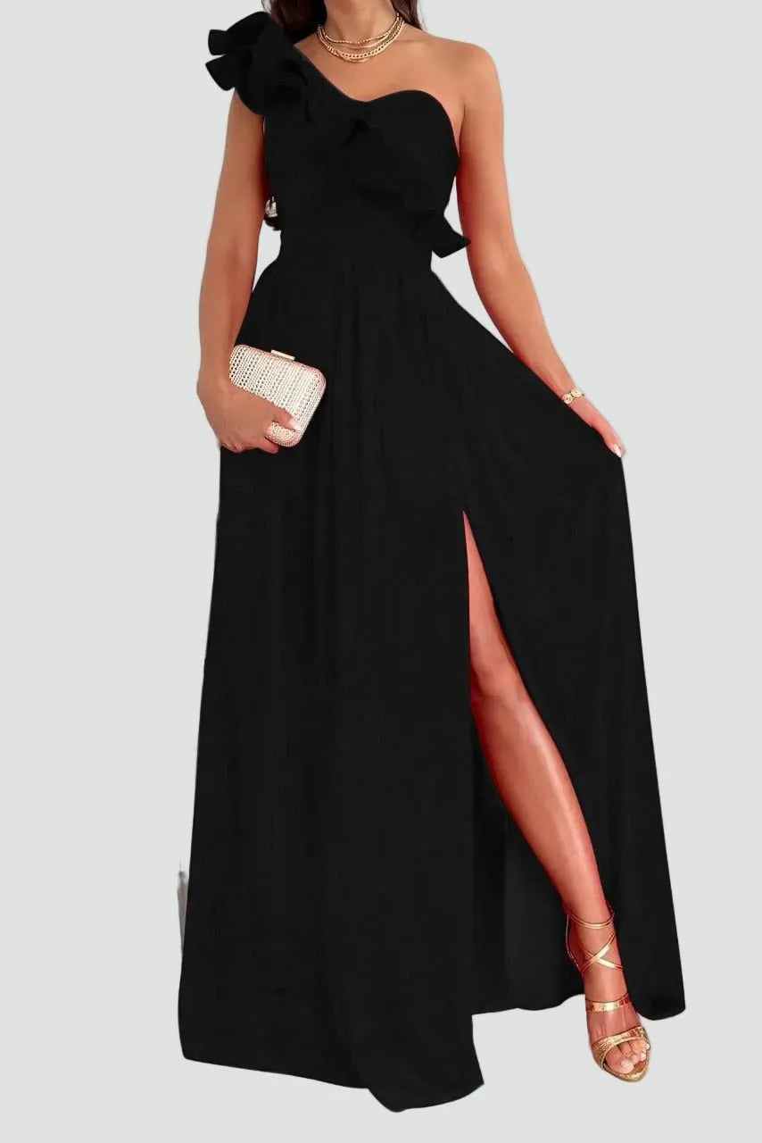 Miss | Jurk Dames Maxi Elegant Ruche Split - Polyester - Zwart