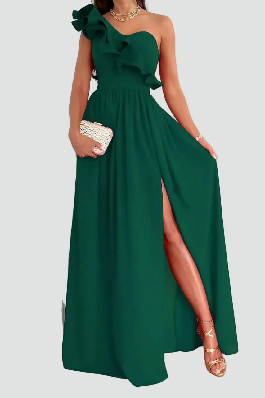 Miss | Jurk Dames Maxi Elegant Ruche Split - Polyester - Groen