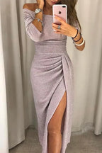 Miss | Jurk Dames Maxi Elegant Off Shoulder Satijn - Polyester - Roze