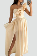 Miss | Jurk Dames Maxi Elegant Ruche Split - Polyester - Beige