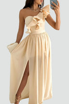 Miss | Jurk Dames Maxi Elegant Ruche Split - Polyester - Beige