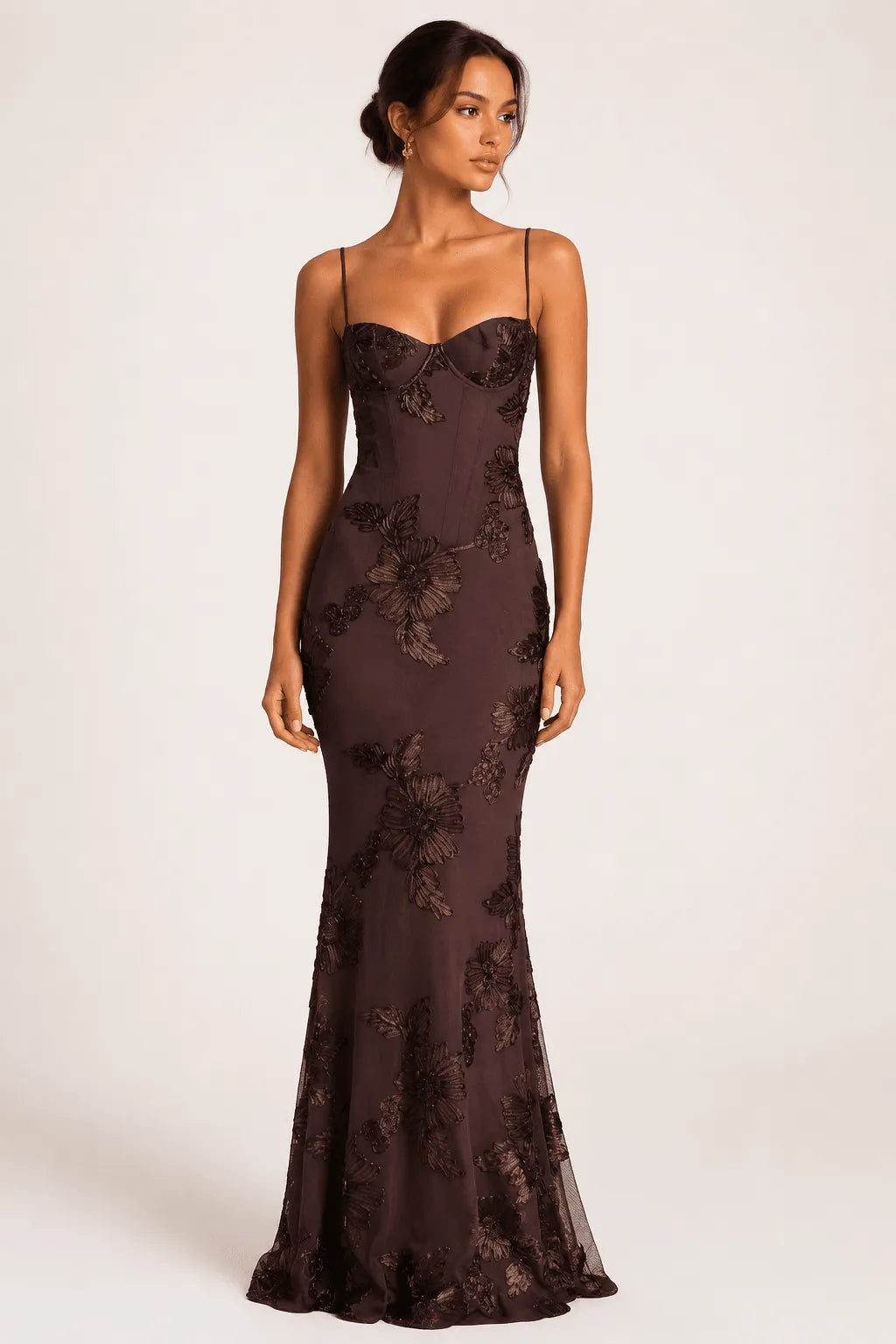 Miss | Jurk Dames Maxi Elegant Corset Borduursel - Polyester - Bruin