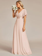 Long Empire Waist Bridesmaid Dress with Short Flutter Sleeves #color_Blush