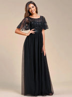 Miss | Jurk Dames Maxi Korte Mouw Pailletten - Tule - Miss Madera MIS-7FF928