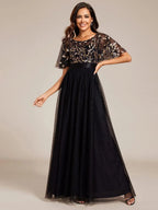 Miss | Jurk Dames Maxi Korte Mouw Pailletten - Tule - Miss Madera MIS-228CD8