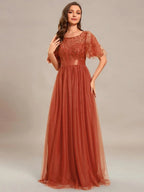 Miss | Jurk Dames Maxi Korte Mouw Pailletten - Tule - Miss Madera MIS-DE8E7E