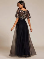 Miss | Jurk Dames Maxi Korte Mouw Pailletten - Tule - Miss Madera MIS-228CD8