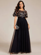 Women's A-Line Short Sleeve Embroidery Floor Length Wedding Guest Dresses #color_Black & Gold