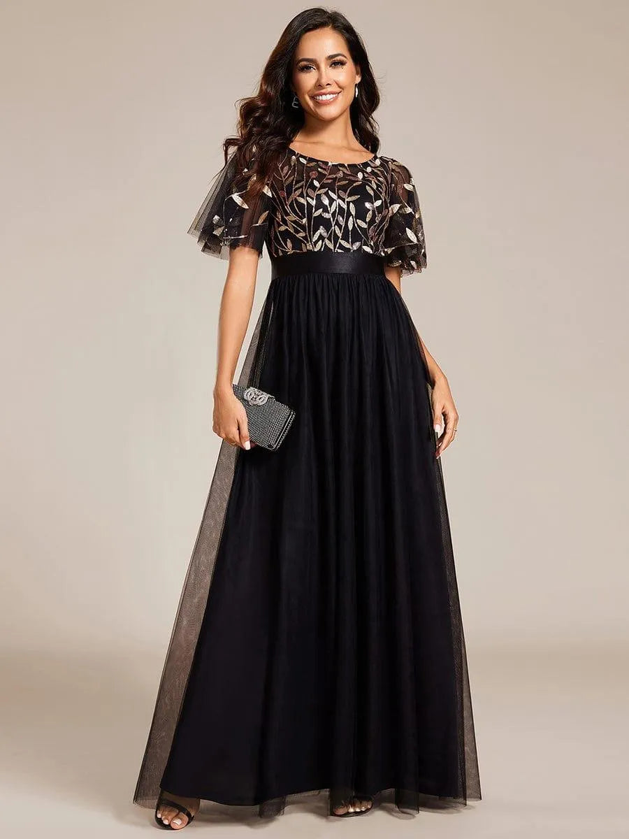 Women's A-Line Short Sleeve Embroidery Floor Length Wedding Guest Dresses #color_Black & Gold