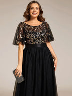 Women's A-Line Short Sleeve Embroidery Floor Length Wedding Guest Dresses #color_Black & Gold