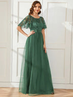 Women's A-Line Short Sleeve Embroidery Floor Length Wedding Guest Dresses #color_Eucalyptus Green