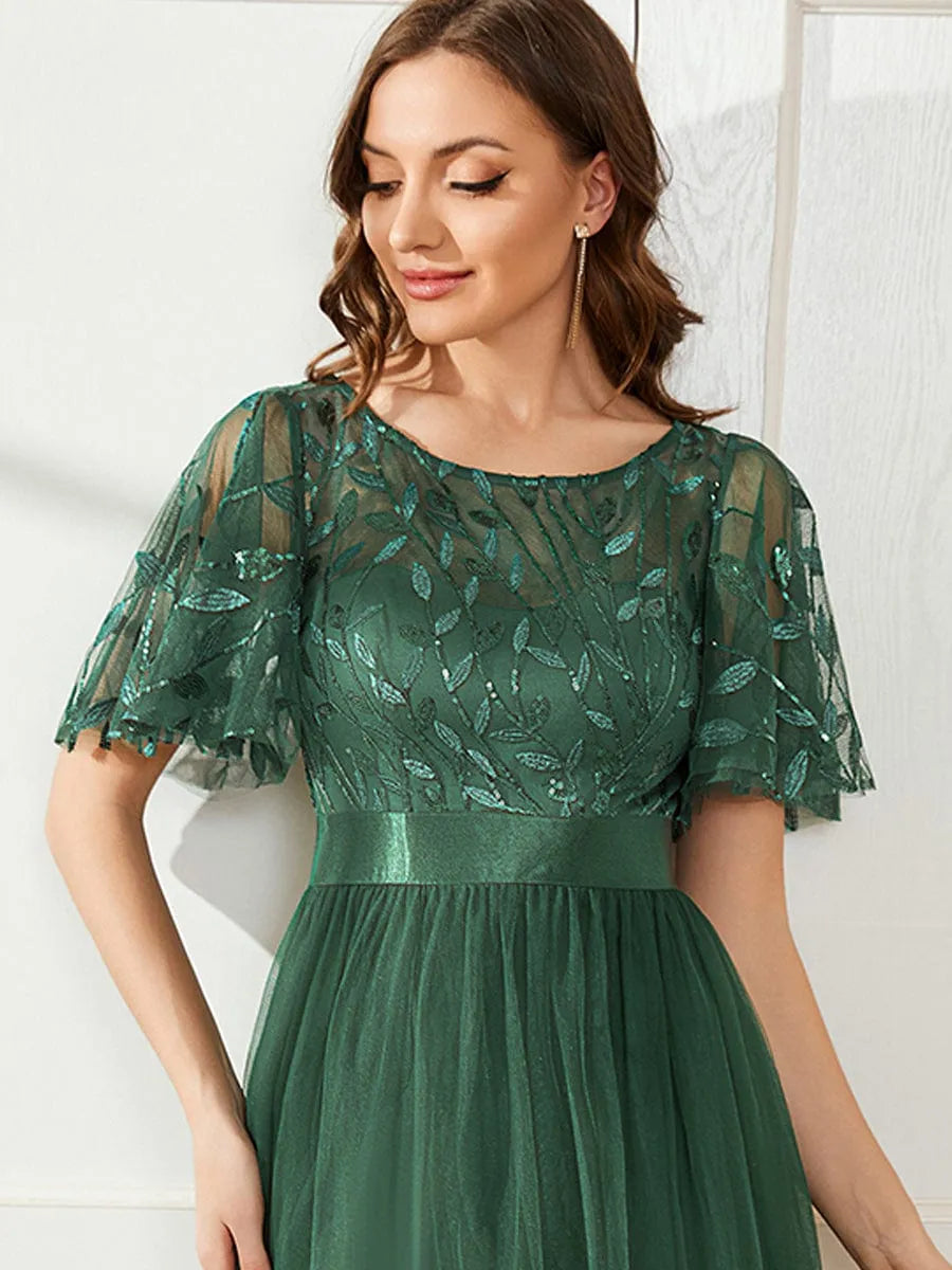 Women's A-Line Short Sleeve Embroidery Floor Length Wedding Guest Dresses #color_Eucalyptus Green