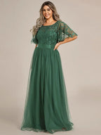 Women's A-Line Short Sleeve Embroidery Floor Length Wedding Guest Dresses #color_Eucalyptus Green