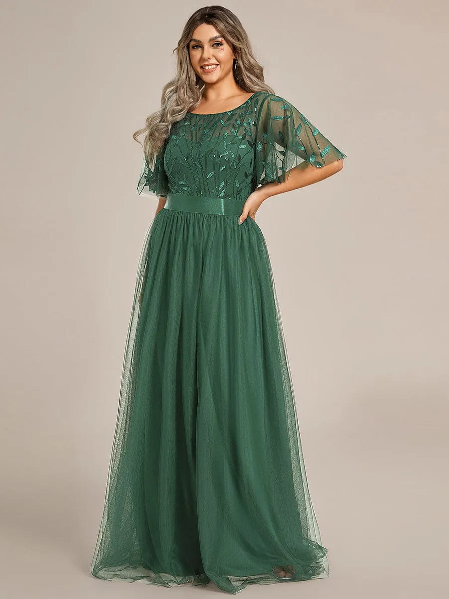 Women's A-Line Short Sleeve Embroidery Floor Length Wedding Guest Dresses #color_Eucalyptus Green