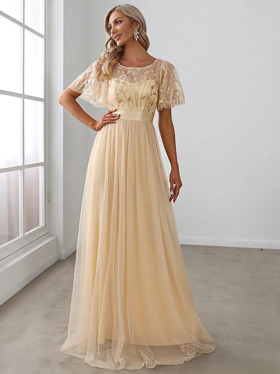Miss | Jurk Dames Maxi Korte Mouw Pailletten - Tule - Miss Madera MIS-2DD2EE