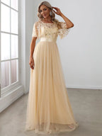 Miss | Jurk Dames Maxi Korte Mouw Pailletten - Tule - Miss Madera MIS-2DD2EE