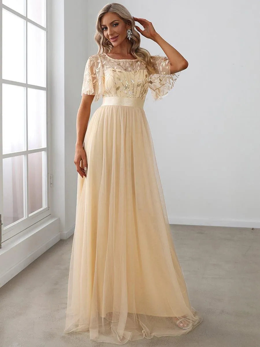 Miss | Jurk Dames Maxi Korte Mouw Pailletten - Tule - Miss Madera MIS-2DD2EE