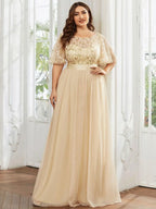 Miss | Jurk Dames Maxi Korte Mouw Pailletten - Tule - Miss Madera MIS-2DD2EE